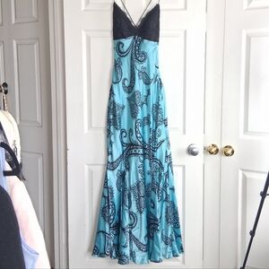 Mary L Couture Turquoise Black Lace Paisley Spagetti Strap Mermaid Maxi Dress